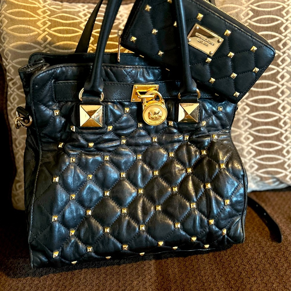 Gently Used Black & Gold Michael Kors Purse & Wallet (Sold Together Only)